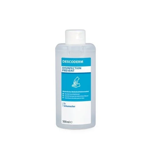 Dr. Schumacher DESCODERM Händedesinfektionsmittel in einer 500 ml Flasche aus klarem Kunststoff mit weißem Flip-Top-Verschluss und blau-weißem Etikett mit Produktinformation und Händedesinfektionsdiagramm zur Händedesinfektion der Dr. Schumacher GmbH.