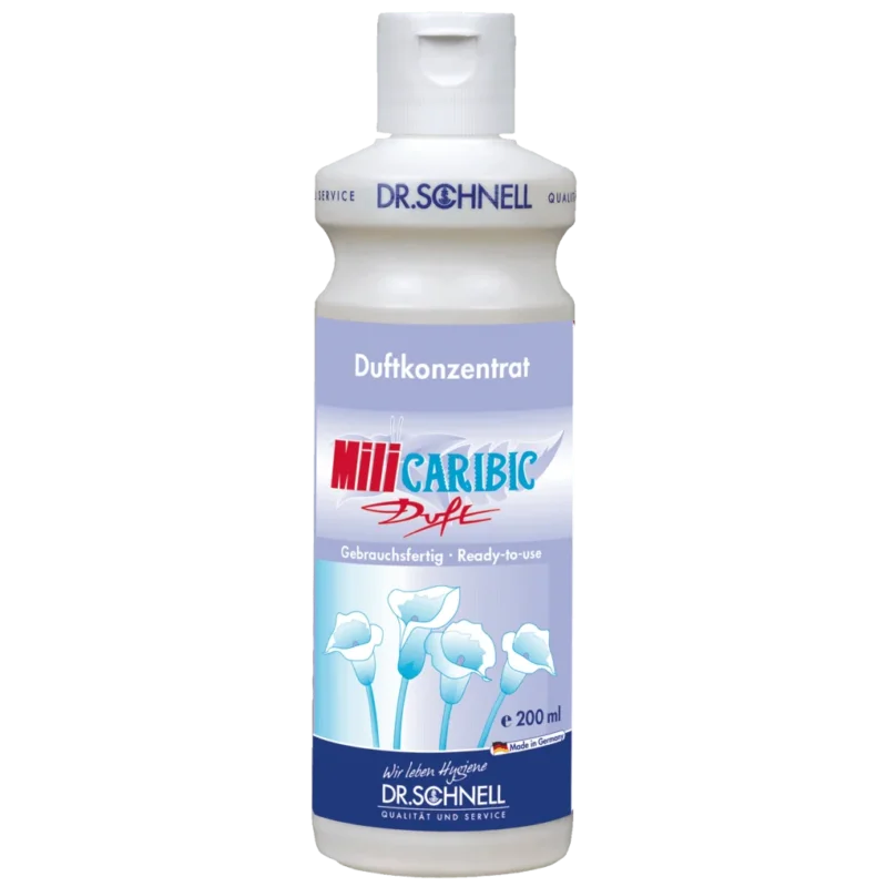 Eine 200 ml Flasche Dr. Schnell MILI CARIBIC DUFT Raumfrische Sommerbrise, ein gebrauchsfertiges Duftkonzentrat der DR.SCHNELL GmbH & Co. KGaA, mit blauem Etikett mit Baumwollblütenmotiven und deutschem Text.