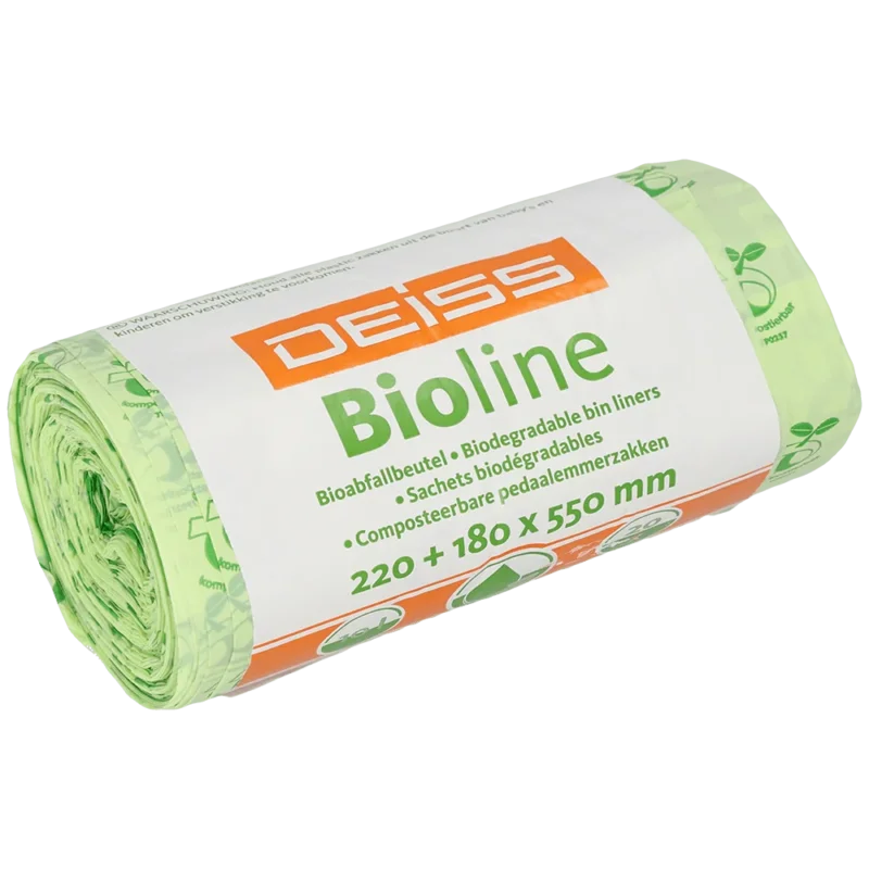 Eine Rolle EMIL DEISS KG (GmbH + Co.) DEISS BIOLINE Müllbeutel, Biofolie, 10 L, Natur, 220+180x550x0,018 mm (20 Beutel), in grüner Verpackung mit mehrsprachiger Beschriftung.