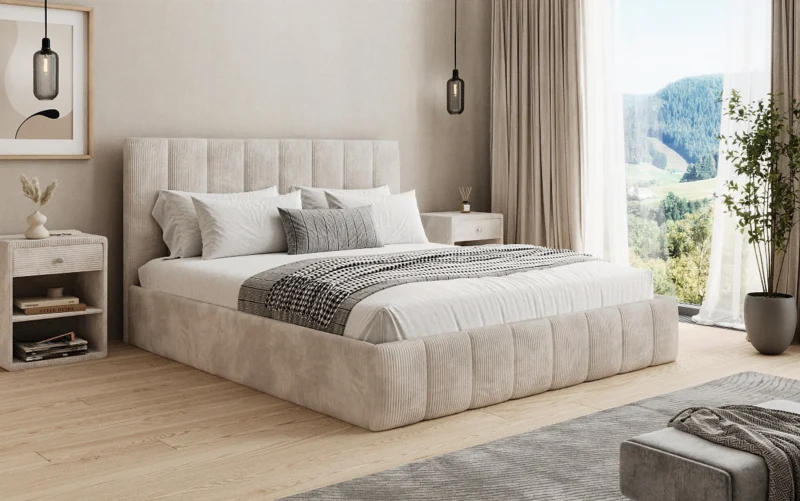 Designer Polsterbett Mila in Cord mit Stauraum