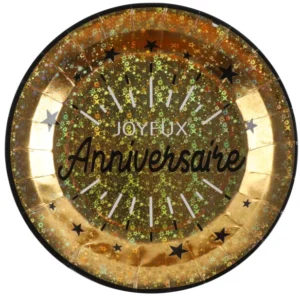 Assiettes en carton Joyeux anniversaire pour fête noir et or chic métallisées