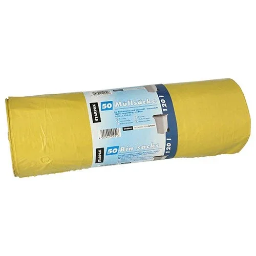 Eine Rolle Starpak 50 Müllsäcke, LDPE 120l (110x70cm), besteht aus einem gelben Sack mit einem blau-weißen, mehrsprachigen Etikett, auf dem die Menge von 50 Stück und Bilder von Behältern angegeben sind. Hergestellt aus robuster LDPE-Folie.