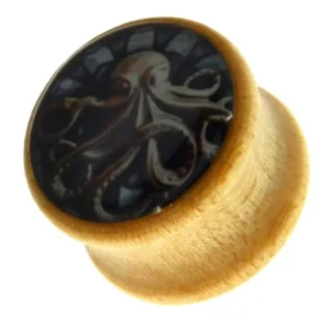 The Holz Plug Oktopus Krake Bild beige hell double flared is a wooden tunnel with a glossy round top and a black and white octopus illustration, adding bold character and unique style to any ear piercing.