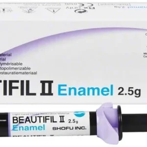 Beautifil II Enamel T Zahnfüllungsmaterial vor Verpackung auf weißem Hintergrund.