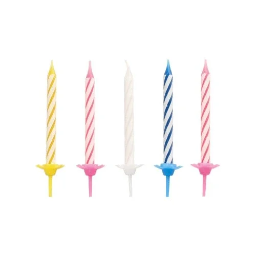 PAPSTAR Geburtstagskerzen, 6 cm, farbig sortiert mit Halter (24 Stück) von PAPSTAR GmbH stehen aufrecht vor weißem Hintergrund.