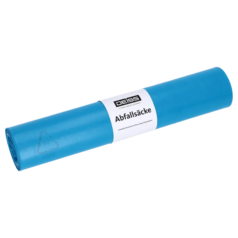 Eine Rolle blauer Müllsäcke der EMIL DEISS KG (GmbH + Co.) (DEISS Abfallsäcke aus Recycling-LDPE 70 l, Blauer Engel, 25 Stück) mit weißem Etikett steht auf weißem Hintergrund.