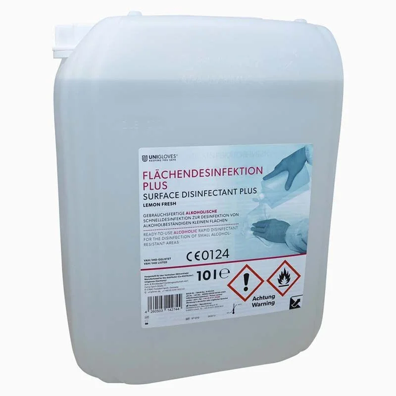 10-Liter-Kanister Flächendesinfektion PLUS Lemon Fresh mit Etikett und Warnhinweis.