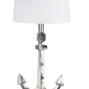 Moderne Tischlampe "Anker" Silberfarbenes Design mit naturfarbener Mangoholz-Base und weißem Schirm