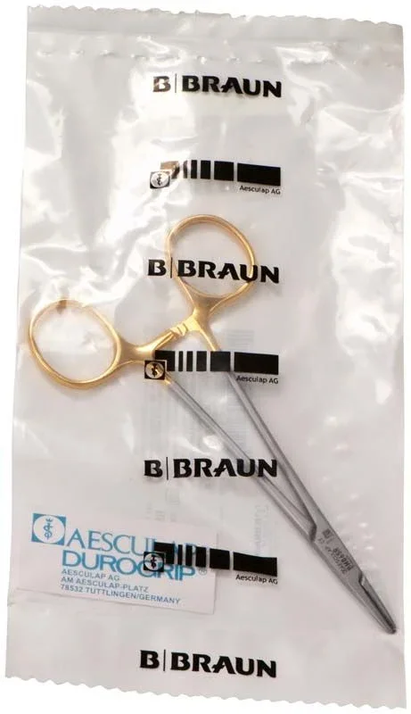 DUROGRIP® Nadelhalter HEGAR-MAYO mit vergoldeten Ringen in Verpackung.