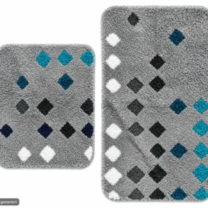 2tlg Badteppich Set 80x50 50x40cm Grau Türkis Punkte Badematte Polyester HA3