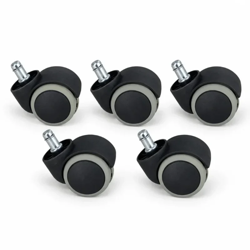 5er-Set bodenschonende Hartbodenrollen für Bürostühle mit schwarzen Gehäusen und grauen 50-mm-Laufflächen.