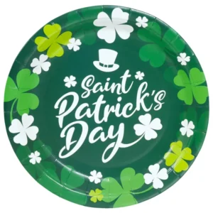 Assiettes Saint Patrick pour fête vertes avec trèfles et texte blanc