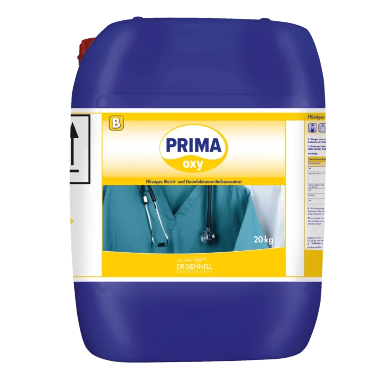 Ein großer blauer 20 kg Dr. Schnell PRIMA OXY Wäschedesinfektion automatische Dosierung Behälter der DR.SCHNELL GmbH & Co. KGaA für die professionelle Wäschedesinfektion, mit medizinischer Motivik, zur Verwendung als flüssiges Bleich- und Desinfektionsmittelkonzentrat.