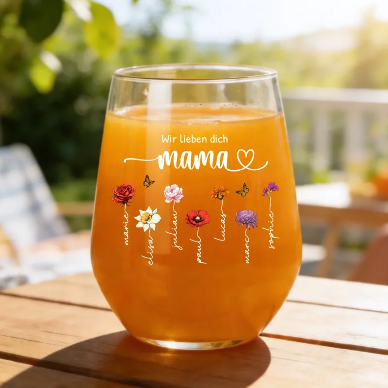 Personalisiertes Trinkglas mit Kindernamen und Blumen für Mama und Oma Mamas Garten