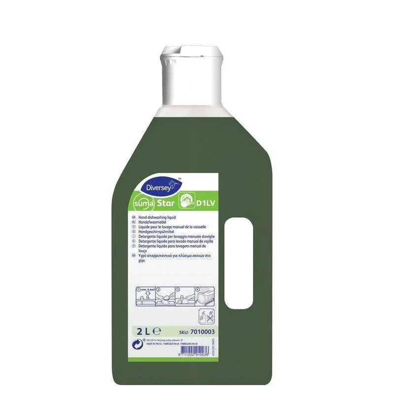 Eine 2-Liter-Flasche Suma Star D1, Flüssiges neutrales Handgeschirrspülmittel von Diversey Deutschland GmbH & Co. OHG verfügt über einen weißen Deckel, grüne Flüssigkeit und ein Etikett mit Anweisungen zur gründlichen Reinigung.
