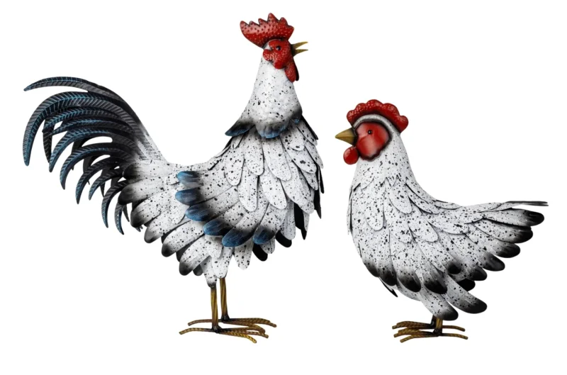 Metall Hahn und Henne Set Cluckia gepunktet stehend Gartenfigur 2er Set