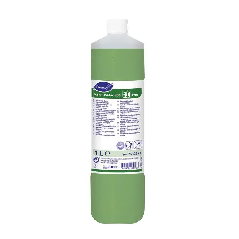 Eine 1-Liter-Flasche TASKI Jontec 300 Neutraler Fußbodenunterhaltsreiniger von Diversey Deutschland GmbH & Co. OHG mit grüner Flüssigkeit, weißem Verschluss, mehrsprachigem Etikett und Anleitung für streifenfreien Glanz auf wasserbeständigen Oberflächen.