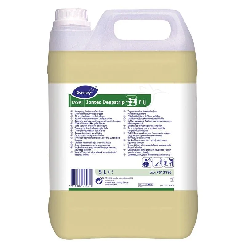 Ein 5-Liter-Kanister Diversey TASKI Jontec Deepstrip, ein leistungsstarker lösemittelhaltiger Reiniger für Linoleumböden, von Diversey Deutschland GmbH & Co. OHG, mit Griff und Schraubverschluss, weiß-grünes Etikett in verschiedenen Sprachen.