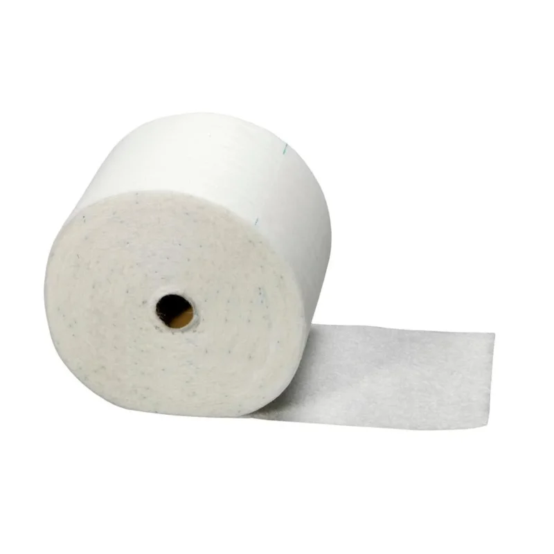 Eine einzelne Rolle weißes Toilettenpapier wird mit einer kurzen Länge abgerollt präsentiert, die glatte Textur erinnert an das TASKI Hygienetuch (elektrostatisch), 20 x 60 cm von Diversey Deutschland GmbH & Co. OHG, erhältlich in Kartons zu 2 Packungen.