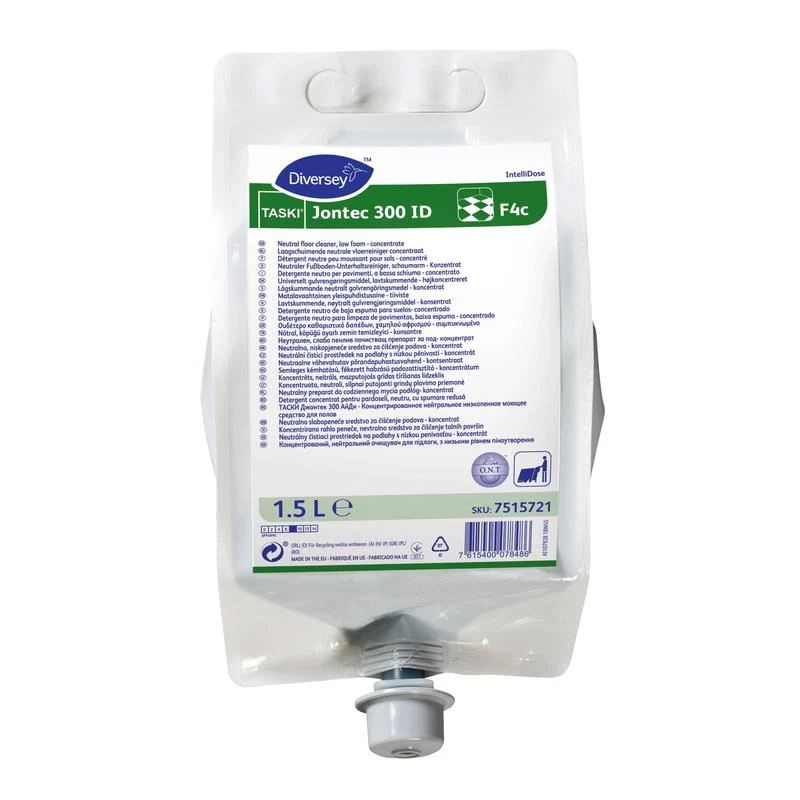 Ein 1,5-Liter-Beutel mit TASKI Jontec 300 IntelliDose, einem hochkonzentrierten Bodenreiniger von Diversey Deutschland GmbH & Co. OHG, entwickelt für das TASKI IntelliDose System.