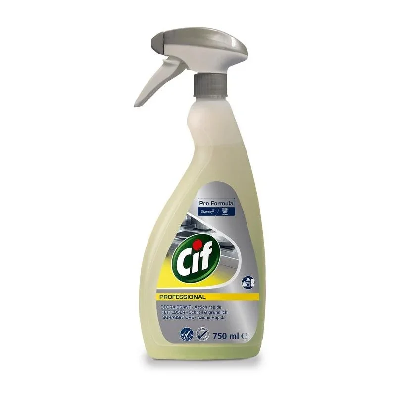 Eine 750-ml-Flasche Cif Professional Fettlöser von Diversey, starker Fettlöser für die Küche, parfümfrei, mit einer grauen Abzugsdüse und einem mehrsprachigen Etikett mit Abbildungen von Küchengeräten.
