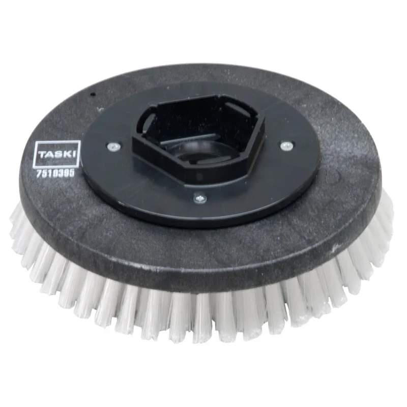 Eine runde schwarze Kunststoff Scheuerbürste Nylon (28 cm) von Diversey Deutschland GmbH & Co. OHG, mit steifen weißen Borsten, passend für swingo 955/1255/2100/5000 zur gründlichen Reinigung - Standardscheuerbürste, 1 Stück pro Packung.