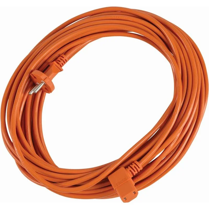 Abgebildet ist ein orangefarbenes, gewickeltes 16,5 Meter langes Verlängerungskabel (TASKI AERO Netzkabel Lang 16,5 von Diversey Deutschland GmbH & Co. OHG) mit dreipoligem Stecker und dreischlitziger Buchse auf weißem Hintergrund. Packungsgröße: 1 Stück.