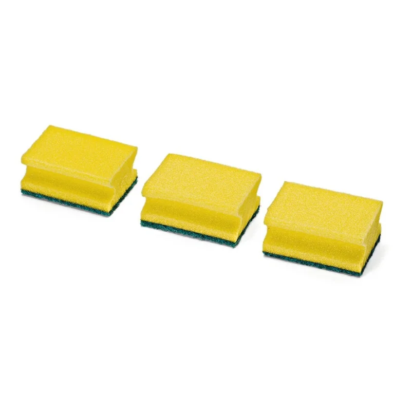Drei Nölle Profi Brush Topfreiniger mit Scheuervlies (3er-Pack, 9x7 cm) Küchenschwämme von Nölle Profi Brush Bürsten- & Pinseltechnik e.K. sind in einer Reihe auf weißem Grund angeordnet.