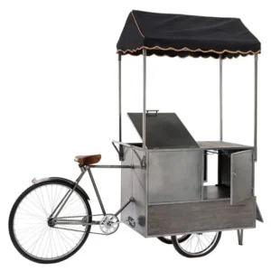 Verkaufsfahrrad Büdchen aus Metall und Mangoholz mit einer Schublade, Sattel aus Ziegenleder Sonderanfertigung