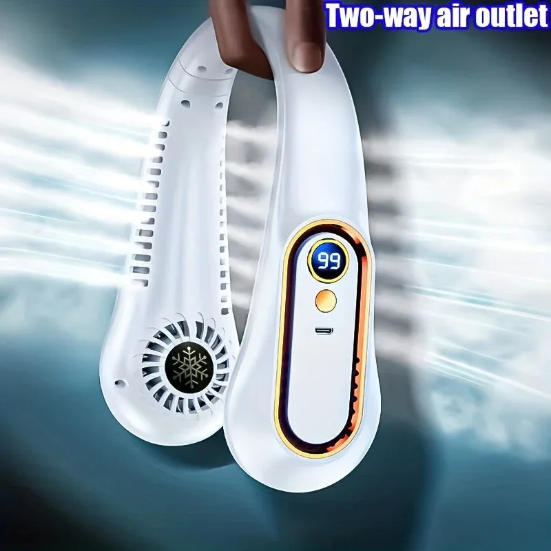 Bleib cool und bequem mit diesem USB-wiederaufladbaren Nackenventilator mit 5 Geschwindigkeitsstufen - Digitalanzeige und bladeloos! | Karnz
