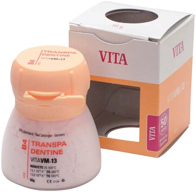 Transpa Dentin VM13 B4 50g mit Verpackung, VITA-Logo sichtbar.