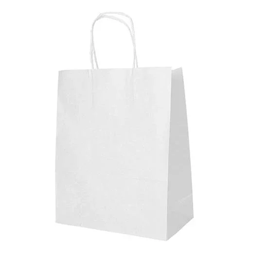 Eine schlichte weiße PAPSTAR 25 Tragetaschen, Papier mit gedrehtem Tragegriff der PAPSTAR GmbH steht aufrecht vor einem weißen Hintergrund. Die Papiertüte ist leer und ohne Marke.