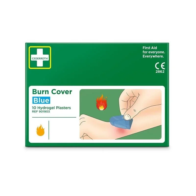 Eine grüne Schachtel mit der Aufschrift "Cederroth burn cover, blau, hydrogel-pflaster, 10 Stück" von Orkla Wound Care AB enthält 10 Pflaster. Die Abbildung zeigt eine Hand, die ein blaues Pflaster auf eine Brandwunde am Arm aufträgt, mit einem Flammensymbol für die Verwendung bei Verbrennungen.