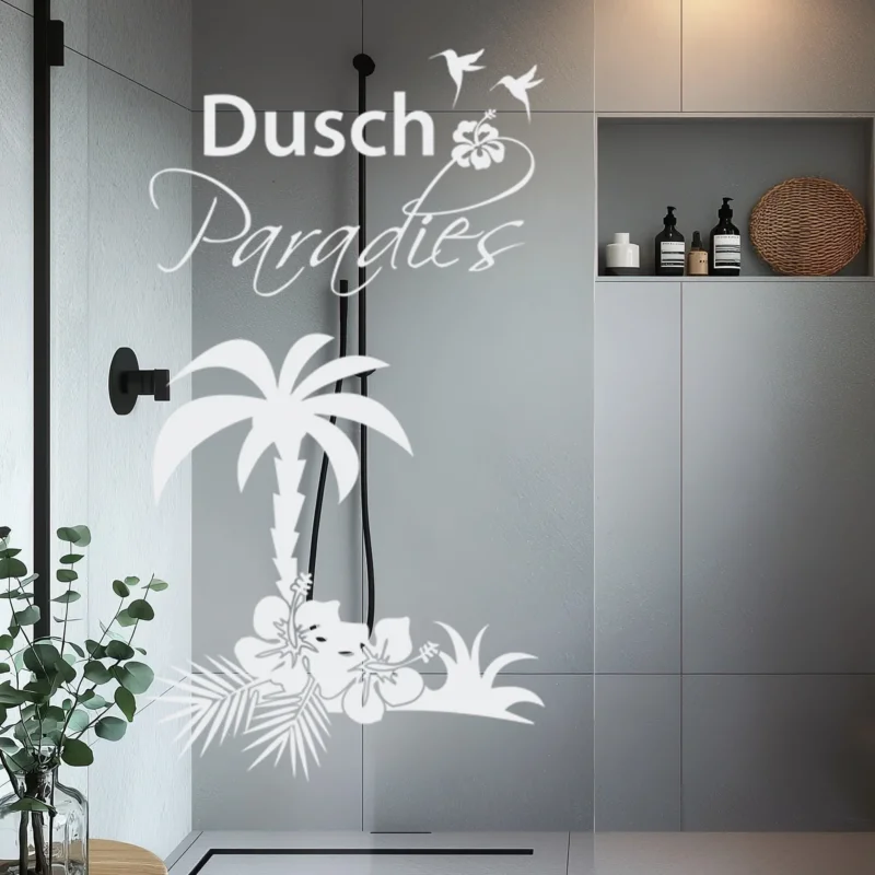 Duschparadies-Logo mit Palmen und Blumenmotiven.
