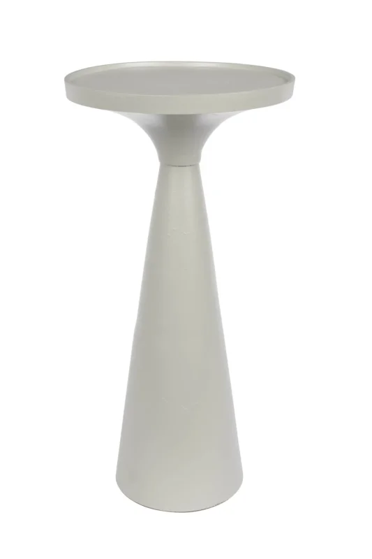 Beistelltisch FLOSS GREY mit runder Tischplatte und konischer Säule aus Aluminiumguss in Floss Grey, Gesamtansicht.
