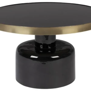 Couchtisch GLAM Rund Ø 60 mit schwarzer Glasplatte, goldenem Metallrand und zylindrischem schwarzem Sockel in Gesamtansicht.