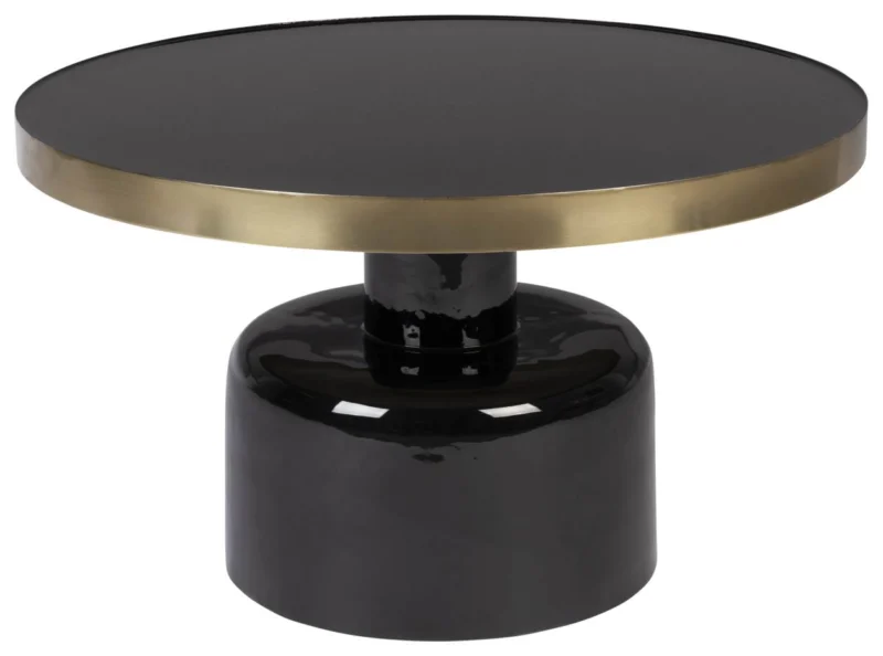 Couchtisch GLAM Rund Ø 60 mit schwarzer Glasplatte, goldenem Metallrand und zylindrischem schwarzem Sockel in Gesamtansicht.