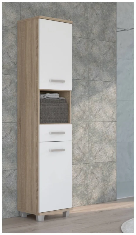 Badezimmer-Hochschrank VERIS mit zwei weißen Türen, offenerem Mittelfach und Sonoma-Eiche-Seitenteilen in Gesamtansicht.