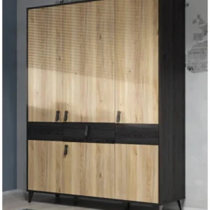 Kleiderschrank LYA 4-trg. 1 Schublade mit heller Eicheoptik und dunkelbraunem Rahmen, Gesamtansicht.