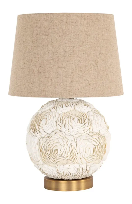 Richmond Tischlampe Jamie white mit kugelförmigem Gestell aus Stoff und beigefarbenem Lampenschirm, Gesamtansicht.