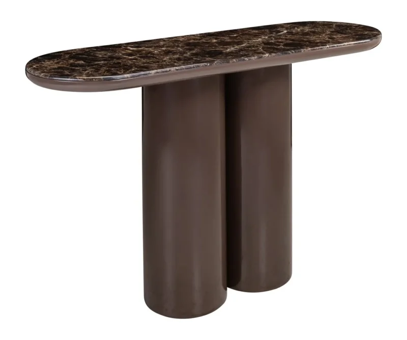 Konsole Almundi chocolat brown mit ovaler Marmor-Tischplatte und zwei zylindrischen Stützen in Braun, Gesamtansicht.