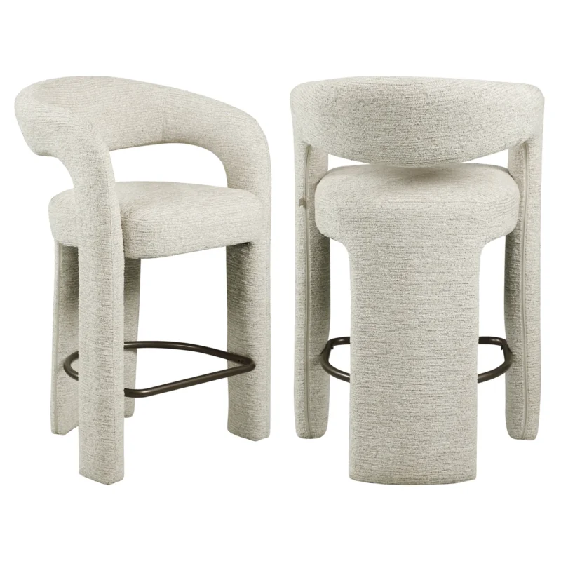 Barhocker Soho Natural Linear Richmond in Beige mit gepolsterten Armlehnen und Metallgestell, Gesamtansicht.