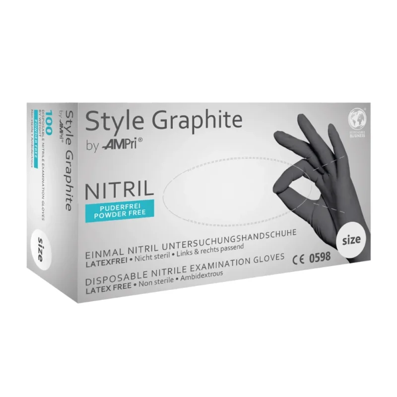 Eine Schachtel AMPri STYLE GRAPHITE Nitrilhandschuhe puderfrei von MED-COMFORT, Anthrazit Einweg-Untersuchungshandschuhe aus Nitril von AMPri Handelsgesellschaft mbH. Diese latexfreien, unsterilen und beidhändig tragbaren Handschuhe sind auf der anthrazitfarbenen Schachtel mit Text in Deutsch und Englisch versehen, zusammen mit einem Bild einer Hand, die einen Nitrilhandschuh trägt.