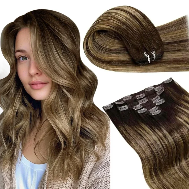 Clip-in Haarverlängerung Echthaar Braun Balayage 35cm