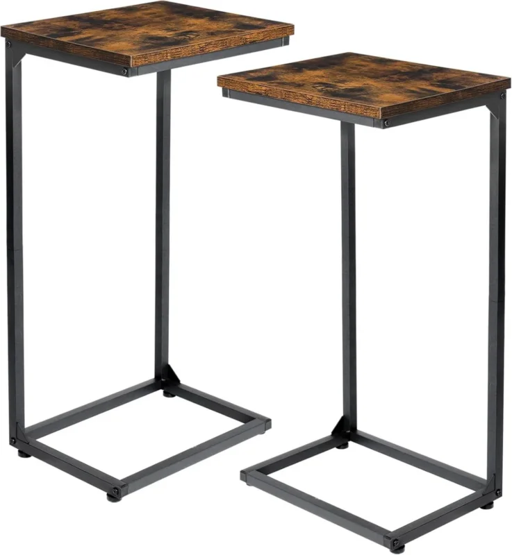 Beistelltisch 2er Set C-Form Couchtisch Metall Holzplatte Braun