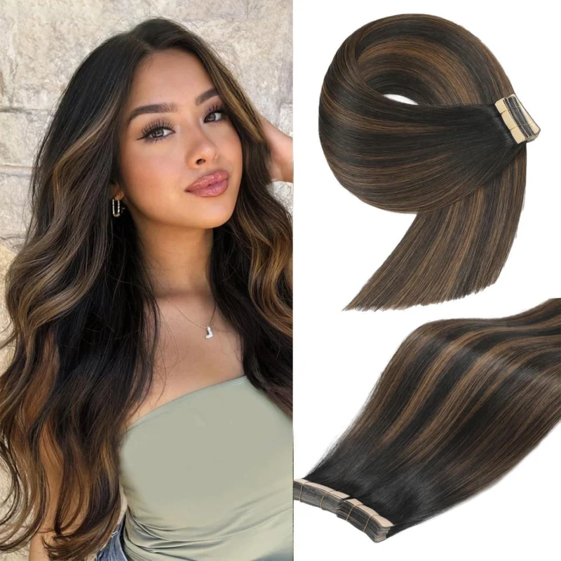 Echthaar Tape Extensions Schwarzbraun 45cm (1B/1B/6#)