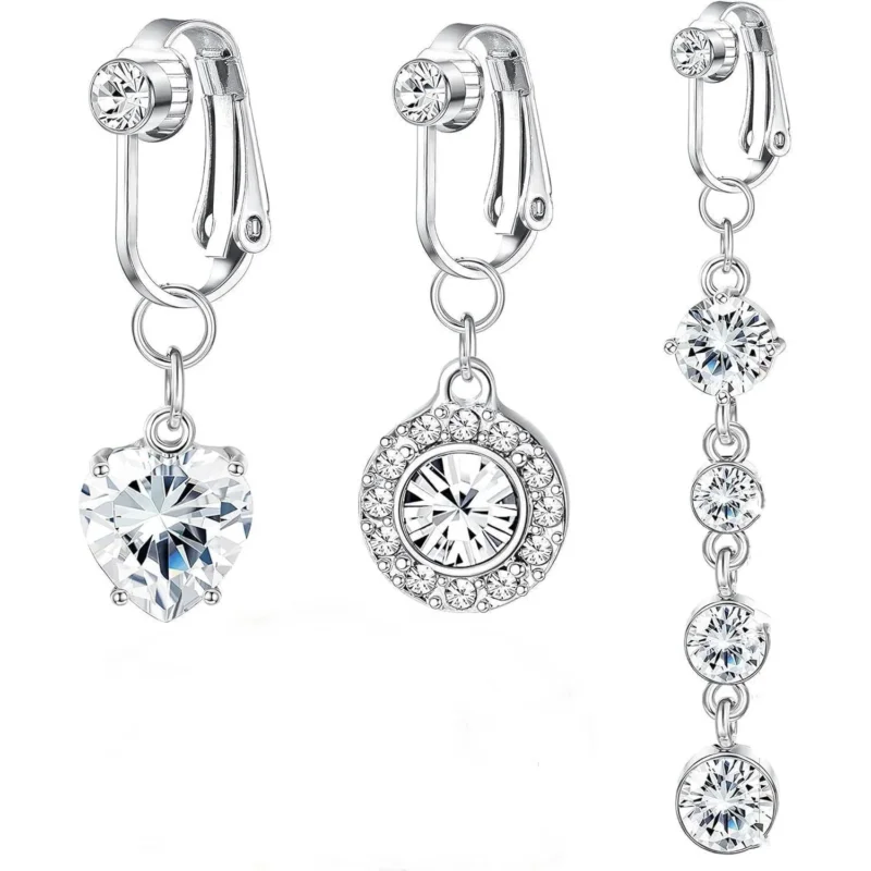 3er Set Silber Fake Bauchnabelpiercing CZ Herz Kristall
