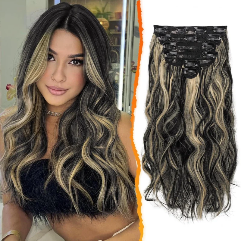 Wellige Clip-In Extensions für Frauen, 40CM, 6-teilig, Schwarz
