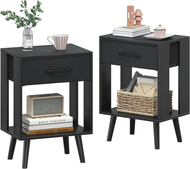 Modernes Nachttisch 2er Set mit Schublade und MDF-Platte, Schwarz