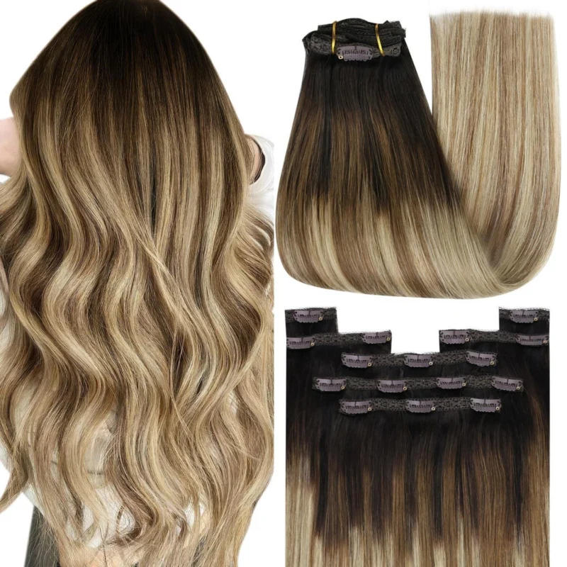 Clip-in Echthaar Extensions Balayage Braun Blond 40cm